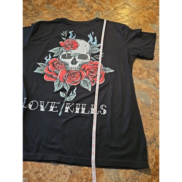 Love Kills T-shirt Mens Skull Roses rgstr couture‎ Size 2XL Black (A56) - Picture 8 of 8